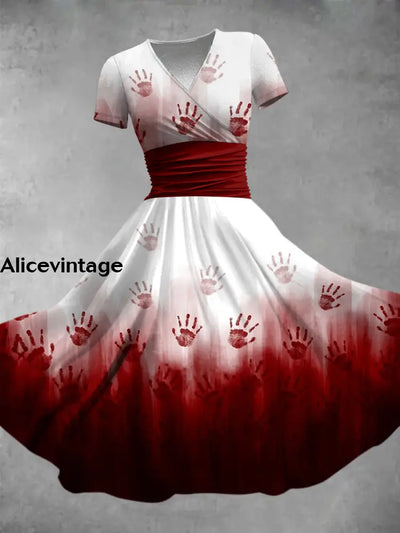 Halloween Blood Art Print V-Neck Vintage Short Sleeve Midi Dress A / S