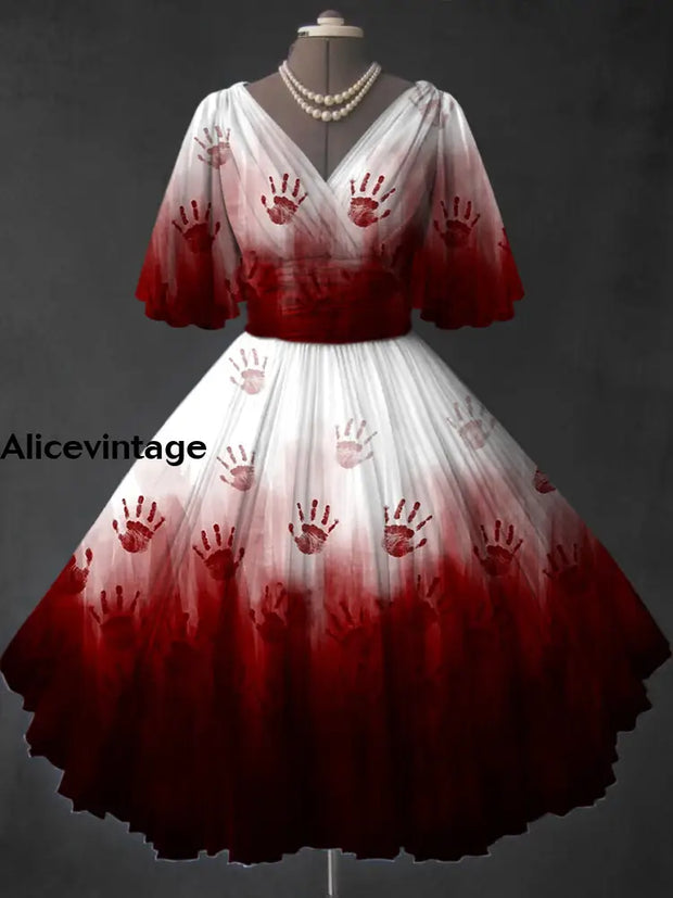 Halloween Blood Art Print V-Neck Vintage Short Sleeve Midi Dress A / S