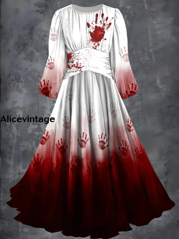 Halloween Blood Art Print Vintage Fashion Long Sleeve Midi Dress A / S