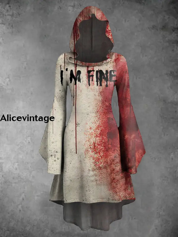 Halloween Blood Art Print Vintage Trumpet Sleeve Hooded Dress A / S