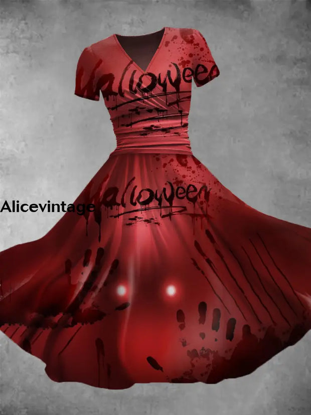 Halloween Blood Art Print Vintage V-Neck Short Sleeve Midi Dress A / S