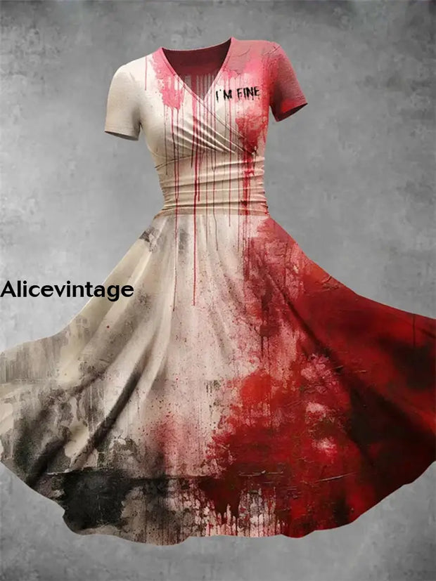 Halloween Blood Art Print Vintage V-Neck Short Sleeve Midi Dress A / S