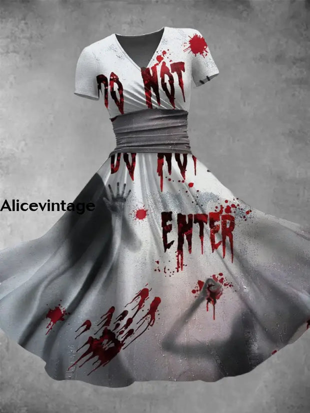 Halloween Blood Art Print Vintage V-Neck Short Sleeve Midi Dress A / S