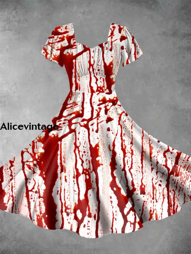 Halloween Blood Print Short Sleeve Vintage Midi Dress Picture Color / Xs