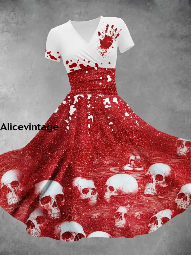 Halloween Blood Skull Print V-Neck Vintage Short Sleeve Midi Dress A / S