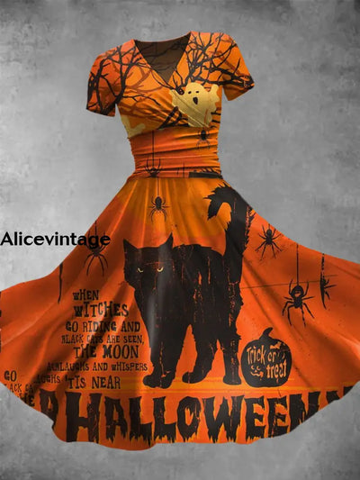 Halloween Cat Art Print Vintage V-Neck Short Sleeve Midi Dress A / S