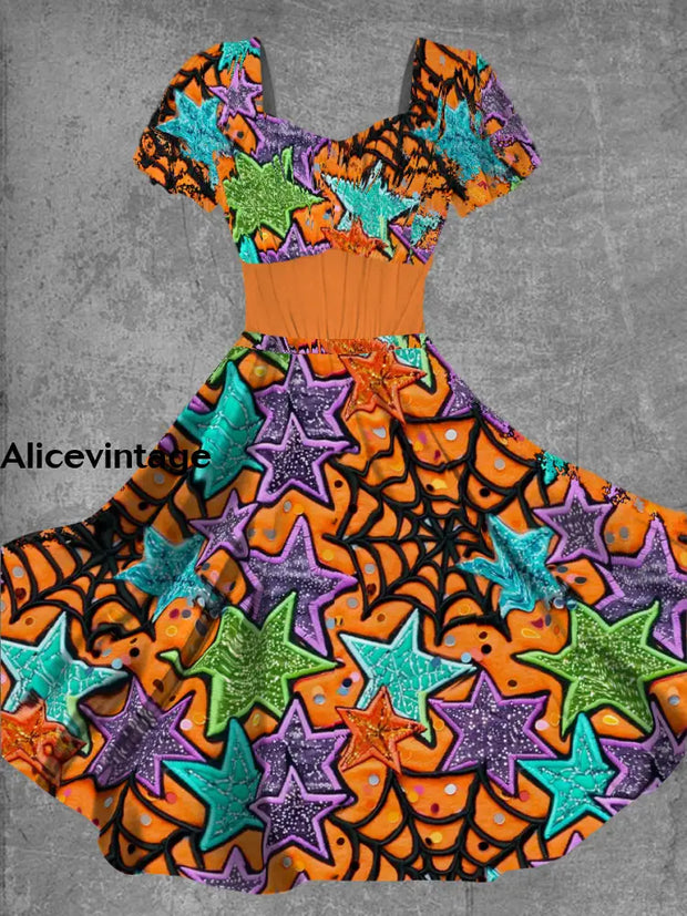 Halloween Colorful Star Print Short Sleeve Vintage Midi Dress A / S