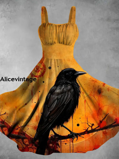 Halloween Crow Art Print Chic Sleeveless Retro Midi Dress A / S 32.8