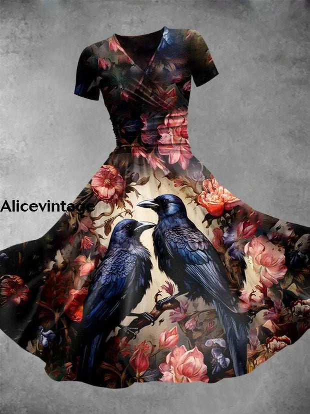 Halloween Crow Art Print V-Neck Vintage Fashion Short Sleeve Midi Dress A / S