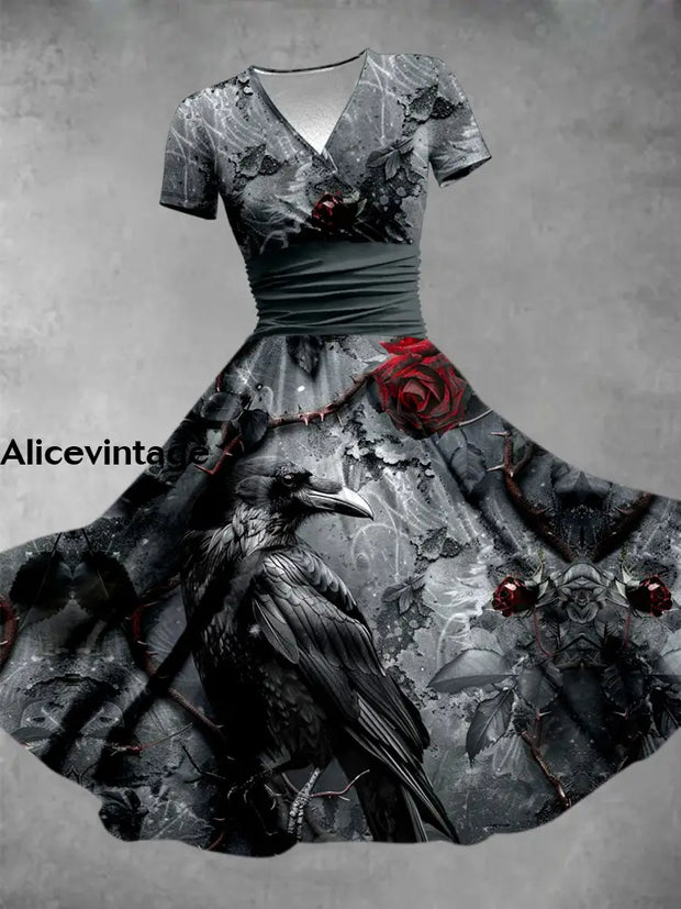 Halloween Crow Art Print V-Neck Vintage Short Sleeve Midi Dress A / S