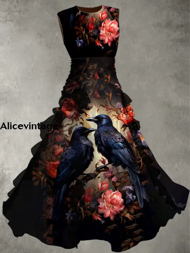 Halloween Crow Art Print Vintage Elegant Chic Sleeveless Maxi Dress A / S