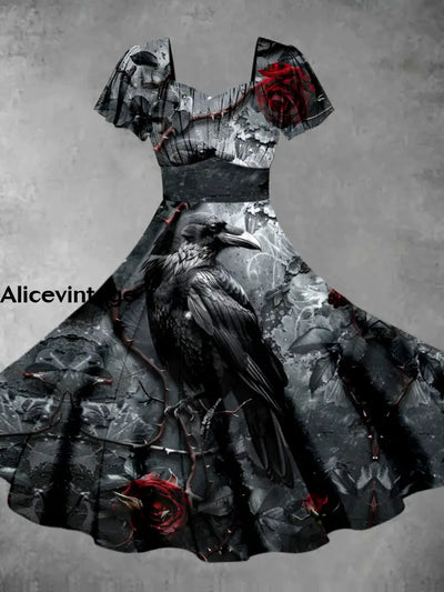 Halloween Crow Art Print Vintage Short Sleeve Midi Dress A / S