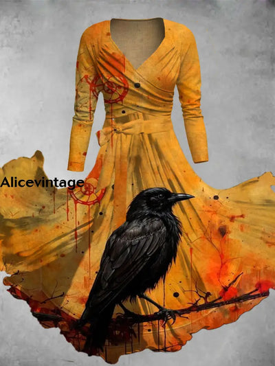 Halloween Crow Art Print Vintage V-Neck Short-Sleeve Two-Piece Midi Dress A / S