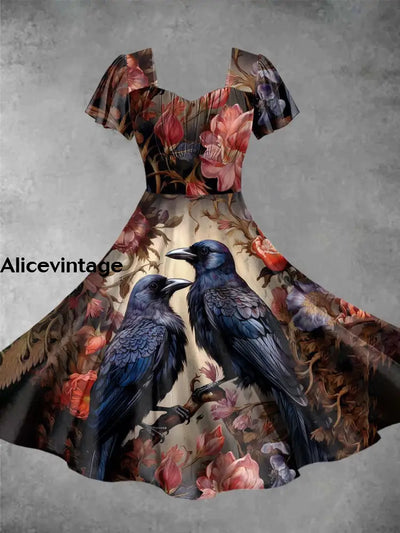 Halloween Crow Print Short Sleeve Vintage Midi Dress Picture Color / Xs