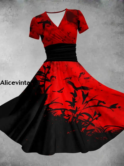 Halloween Dark Art Print V-Neck Vintage Short Sleeve Midi Dress A / S