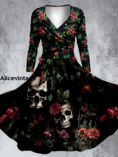 Halloween Floral Skull Print V-Neck Long-Sleeve Vintage Midi Dress A / S