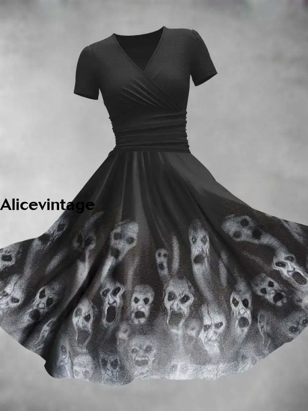 Halloween Ghost Art Print V-Neck Vintage Fashion Short Sleeve Midi Dress A / S