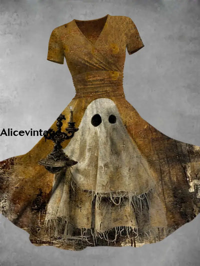 Halloween Ghost Art Print V-Neck Vintage Short Sleeve Midi Dress A / S