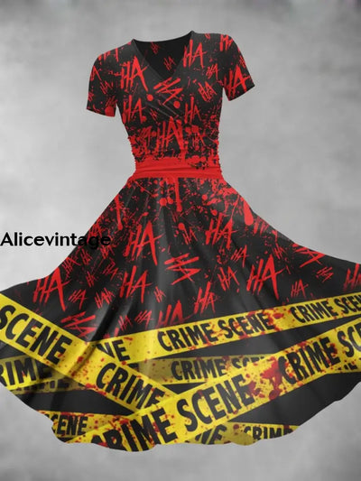 Halloween Ghost Art Print V-Neck Vintage Short Sleeve Midi Dress A / S