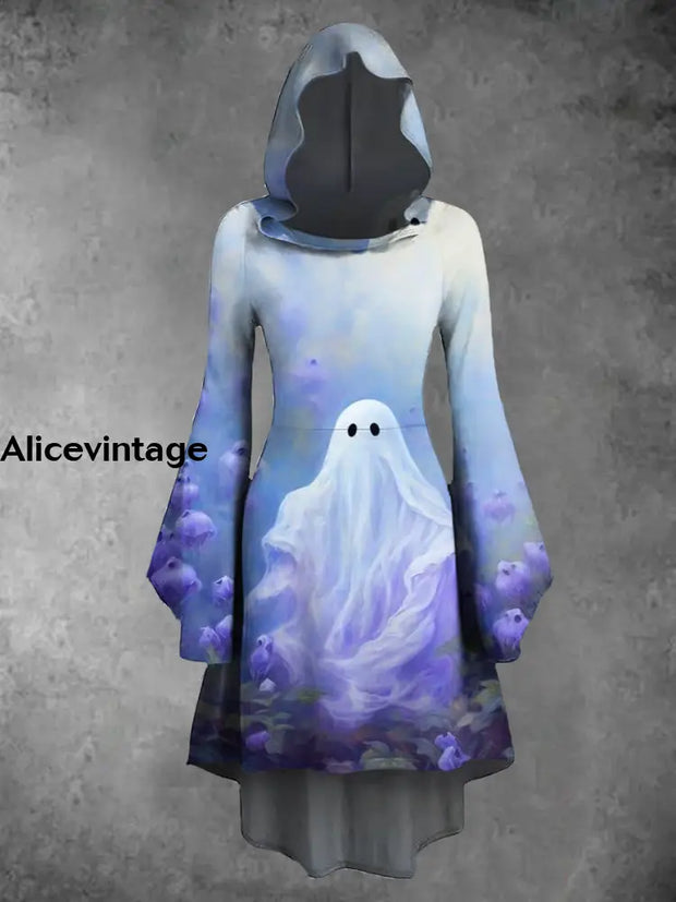 Halloween Ghost Art Print Vintage Trumpet Sleeve Hooded Dress A / S