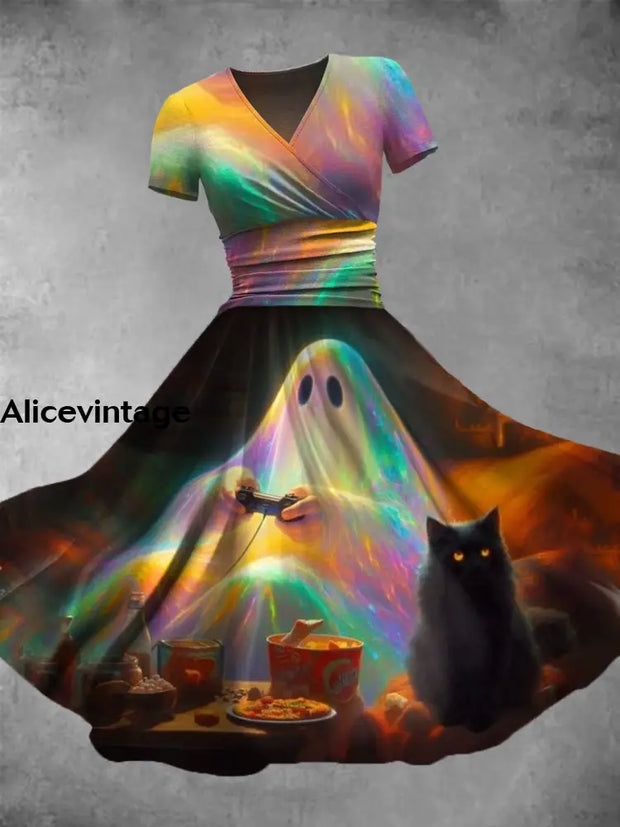 Halloween Ghost Art Print Vintage V-Neck Short Sleeve Midi Dress A / S