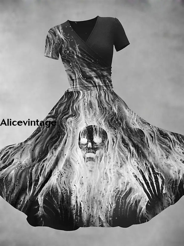 Halloween Ghost Print V-Neck Vintage Short Sleeve Midi Dress A / S