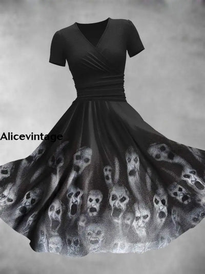 Halloween Ghost Print V-Neck Vintage Short Sleeve Midi Dress A / S