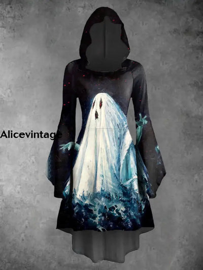 Halloween Ghost Print Vintage Trumpet Sleeve Hooded Dress A / S