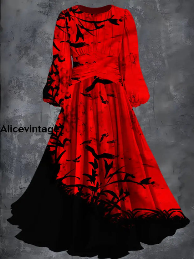 Halloween Gothic Art Print Vintage Fashion Long Sleeve Midi Dress A / S