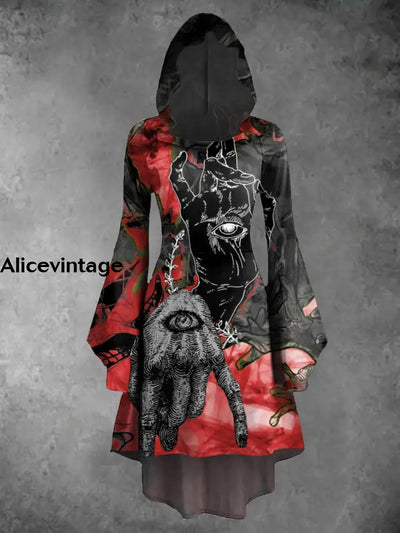 Halloween Gothic Art Print Vintage Trumpet Sleeve Hooded Dress A / S