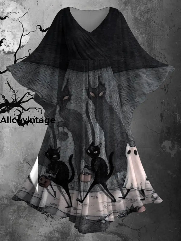 Halloween Gothic Cat Art Print Bat Sleeve V-Neck Vintage Flowy Midi Dress A / S