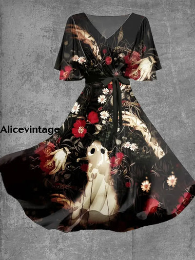 Halloween Gothic Print V-Neck Short Sleeve Vintage Midi Dress A / S