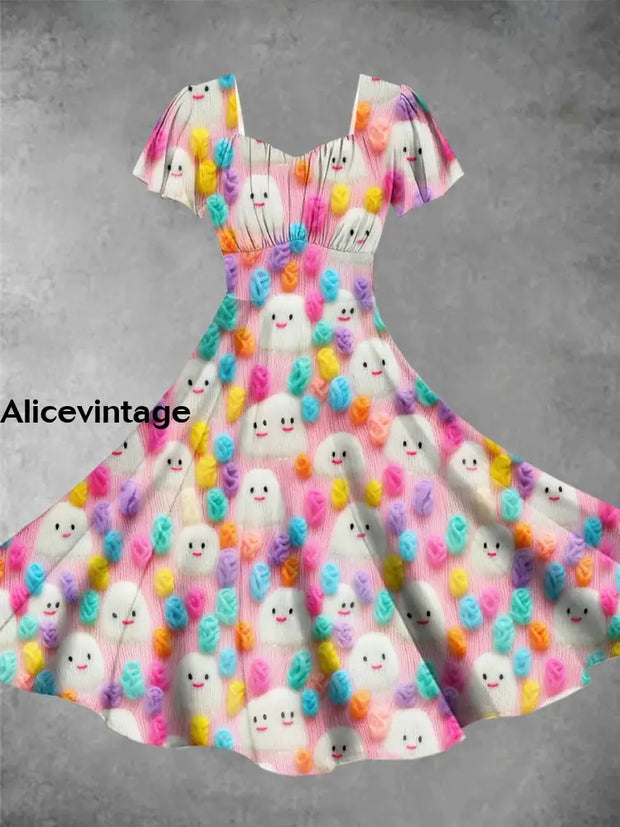 Halloween Lovely Ghost Print Short Sleeve Vintage Midi Dress Picture Color / Xs