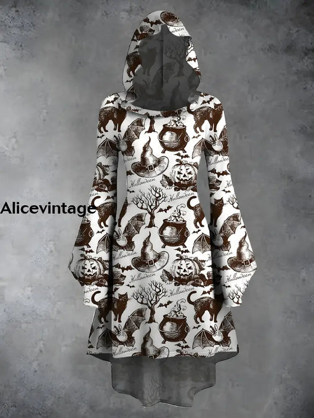 Halloween Pattern Print Vintage Trumpet Sleeve Hooded Dress A / S