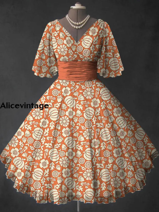 Halloween Pumpkin Art Print V-Neck Vintage Short Sleeve Midi Dress A / S