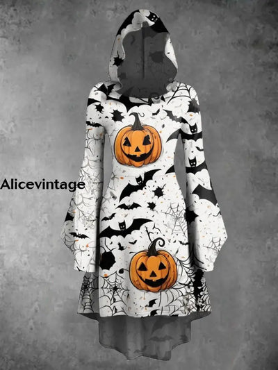 Halloween Pumpkin Art Print Vintage Trumpet Sleeve Hooded Dress A / S