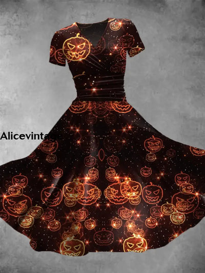 Halloween Pumpkin Art Print Vintage V-Neck Short Sleeve Midi Dress A / S