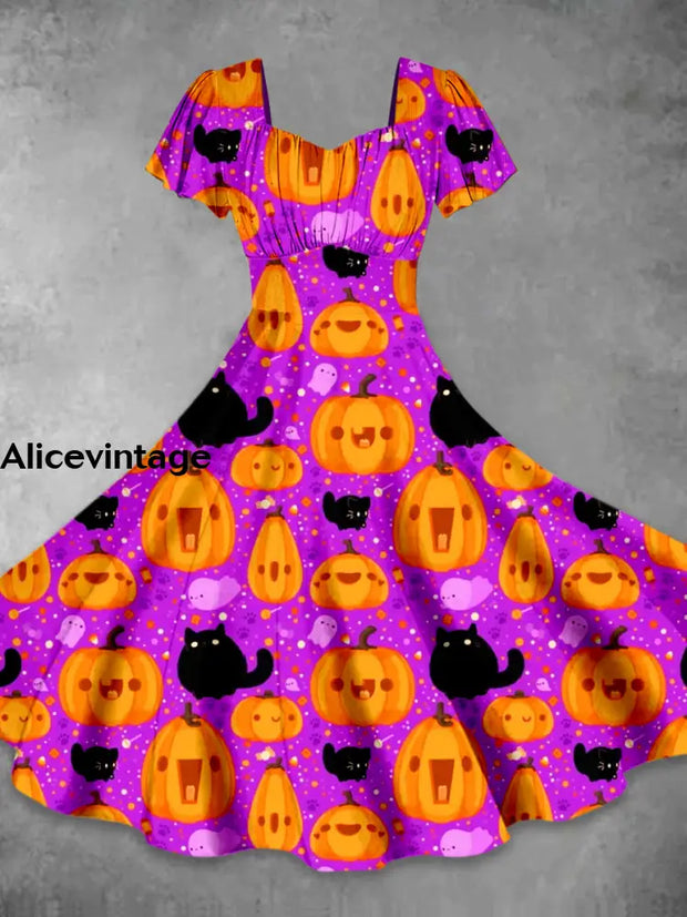 Halloween Pumpkin Pattern Art Print Vintage Short Sleeve Midi Dress A / S