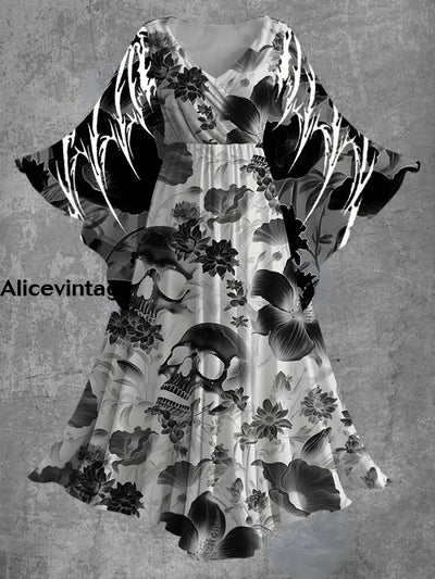 Halloween Punk Skull Print Bat Sleeve V-Neck Vintage Flowy Midi Dress A / S