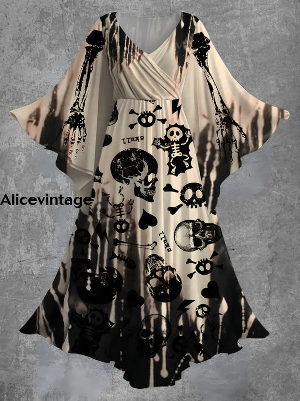 Halloween Punk Skull Print Bat Sleeve V-Neck Vintage Flowy Midi Dress A / S