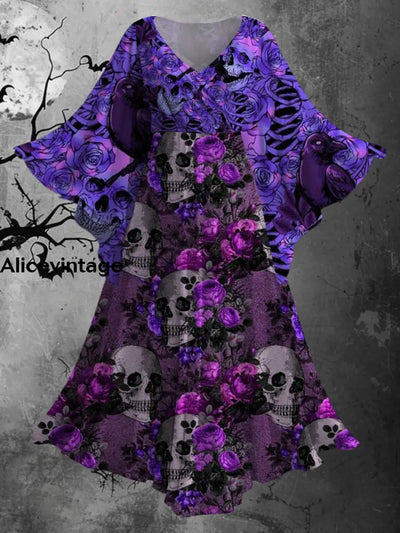 Halloween Skull Art Print Bat Sleeve V-Neck Vintage Flowy Midi Dress A / S