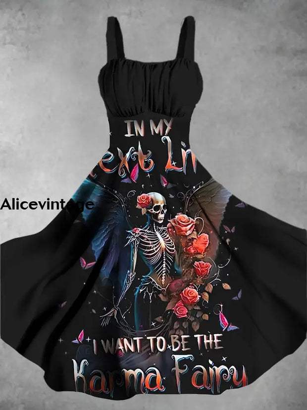 Halloween Skull Art Print Chic Sleeveless Retro Midi Dress A / S