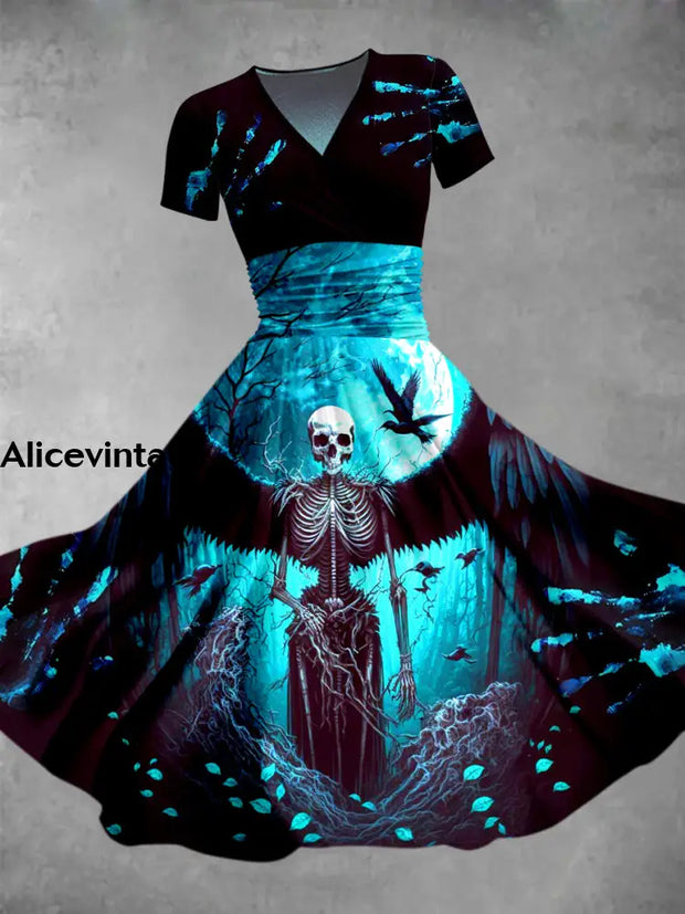 Halloween Skull Art Print V-Neck Vintage Short Sleeve Midi Dress A / S