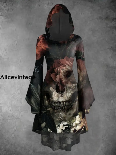 Halloween Skull Art Print Vintage Trumpet Sleeve Hooded Dress A / S