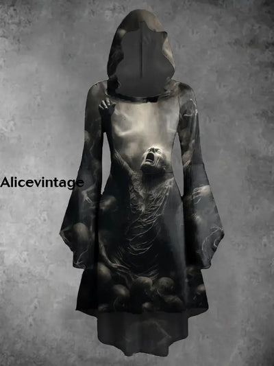 Halloween Skull Art Print Vintage Trumpet Sleeve Hooded Dress A / S