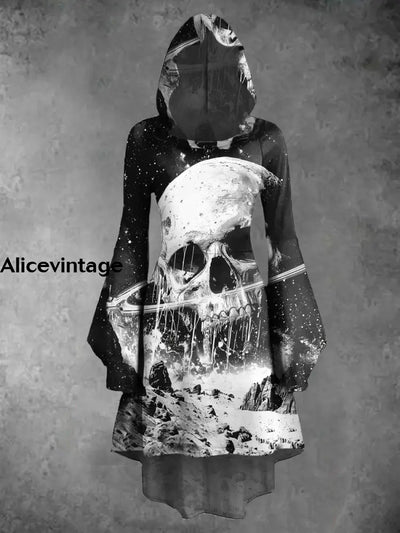 Halloween Skull Art Print Vintage Trumpet Sleeve Hooded Dress A / S