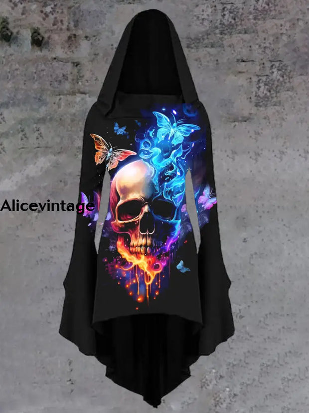 Halloween Skull Art Print Vintage Trumpet Sleeve Hooded Dress A / S