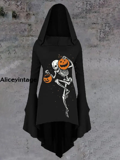 Halloween Skull Art Print Vintage Trumpet Sleeve Hooded Dress A / S