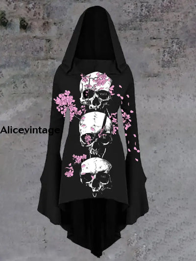 Halloween Skull Art Print Vintage Trumpet Sleeve Hooded Dress A / S