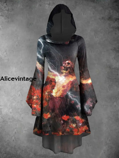 Halloween Skull Art Print Vintage Trumpet Sleeve Hooded Dress A / S